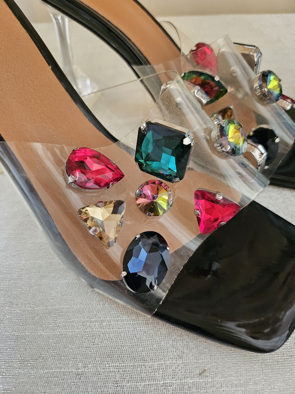 Black Slide Mules with Multicolored Gem Accents, And A Structured Base Heel - Picture 9 of 12